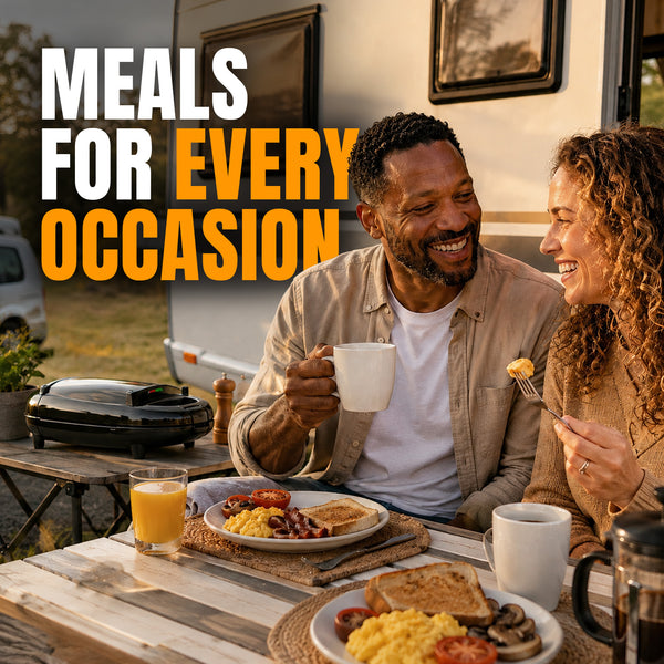 A man and woman sit at an outdoor table beside their RV, smiling as they enjoy breakfast. Their non-stick plates hold eggs, toast, and tomatoes—freshly prepared with the Kleva Range KLEVA Quick Grill for effortless double-sided cooking. Text on the image reads: Meals for Every Occasion.