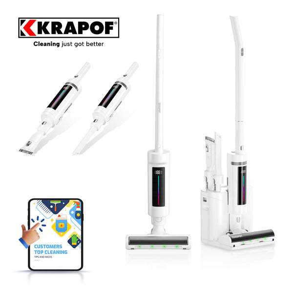 Krapof cleaning device with smartphone app on a white background