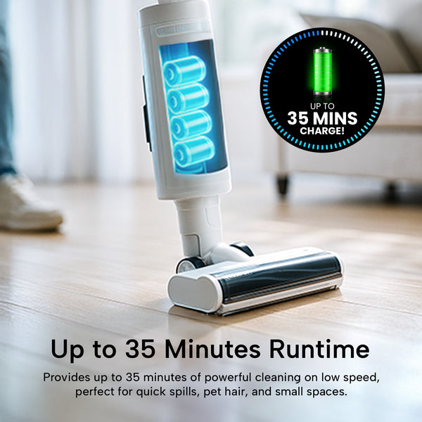 The KRAPOF® Compact Clean Self-Empty Cordless 2-in-1 Handy Vacuum Cleaner + Stick Vac by Kleva Range delivers up to 35 minutes runtime—lightweight, powerful on low speed for spills, pet hair, or small spaces, perfect for daily messes.