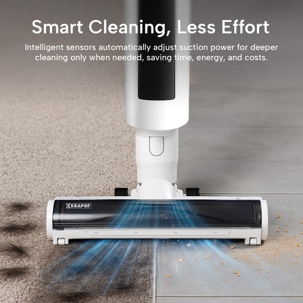 The KRAPOF® Compact Clean Self-Empty Cordless 2-in-1 Handy Vacuum Cleaner + Stick Vac by Kleva Range efficiently removes dirt from carpets and hard floors. Blue lines show strong suction, while smart auto-adjustment saves time, energy, and costs.