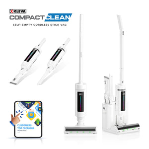 A KLEVA® Ultra-Light Compact Clean Self Empty 2-in-1 Handheld Stick Vacuum by Kleva Range is displayed in white, accompanied by attachments, a charging base, and a digital display. Engineered for lightweight convenience and easy maneuverability, it makes cleaning your home effortless. An illustration features a hand giving a thumbs up with the text “Customers Top Cleaning Tips and Hacks.”.