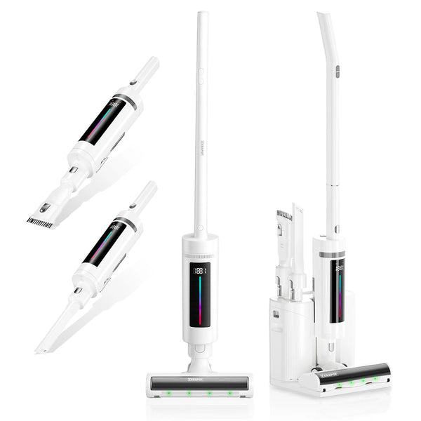 The Kleva Range TV SPECIAL - KRAPOF® Compact Clean Self-Empty 2-in-1 Vacuum (1.2kg) is shown as a handheld and stick vac with digital display, charging base, and two detachable attachments.