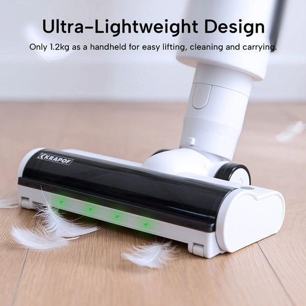 A white and black Klapof vacuum cleaner head on a light wood floor, with white feathers being sucked up. Text at the top reads 'Ultra-Lightweight Design' and 'Only 1.