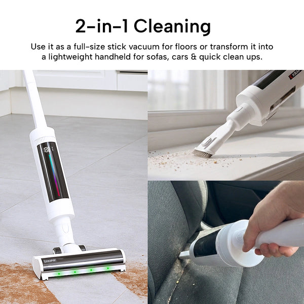 A 2-in-1 cordless stick vacuum cleaner shown in three usage scenarios: a full-size stick vacuum on a tiled floor, a handheld vacuum cleaning a window sill, and a handheld vacuum being used on a car seat. The image includes descriptive text at the top.