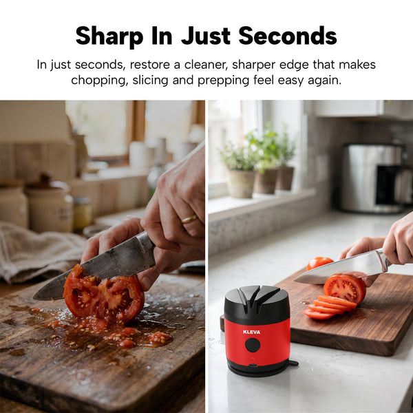 A split image shows a person slicing a tomato on a wooden cutting board, and the red Kleva Range KLEVA® ElectraSharp – Advanced Electric Knife Sharpener beside freshly sliced tomato, highlighting fast and easy sharpening in seconds.