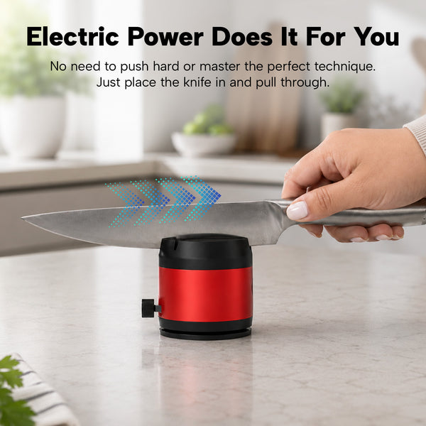 A hand pulls a kitchen knife through the KLEVA® ElectraSharp – Advanced Electric Knife Sharpener by Kleva Range. Blue arrows show the sharpening action, while blurred kitchen items and plants sit in the background.