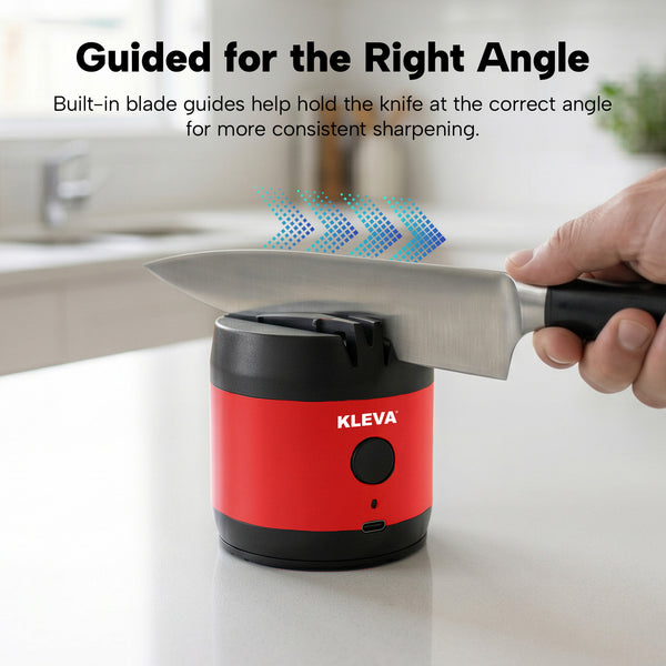 A person sharpens a knife on a kitchen counter using the KLEVA® ElectraSharp – Advanced Electric Knife Sharpener by Kleva Range. Blue arrows show the blade’s angle, with text above highlighting its features.