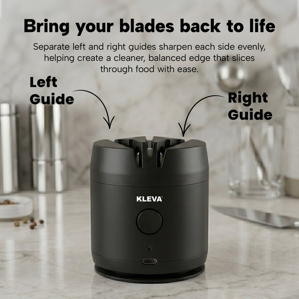 The KLEVA® ElectraSharp Advanced Electric Knife Sharpener by Kleva Range sits on a marble countertop with labeled left and right guides, surrounded by kitchen utensils and containers in the background.
