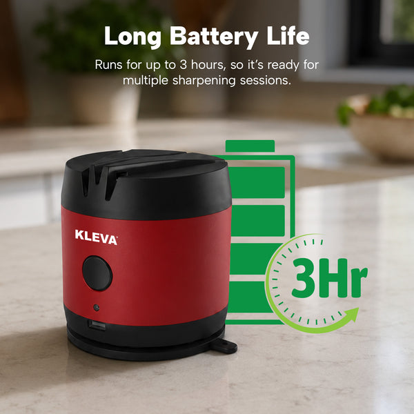 A red and black KLEVA® ElectraSharp Advanced Electric Knife Sharpener by Kleva Range sits on a countertop. Text above reads “Long Battery Life” and “Runs for up to 3 hours,” with a 3-hour use graphic beside the sharpener.