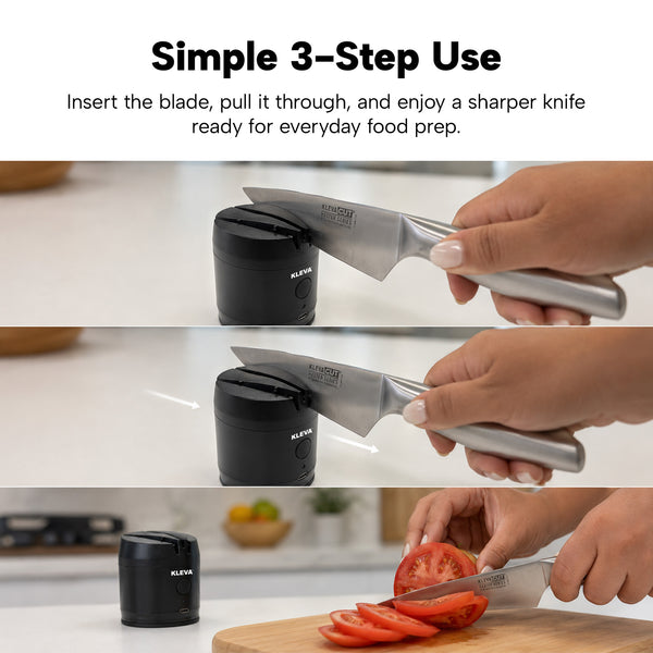 Three panels show hands sharpening a knife with the KLEVA® ElectraSharp – Advanced Electric Knife Sharpener by Kleva Range, then slicing a tomato on a wooden cutting board. Text above describes the quick three-step process in a kitchen setting.