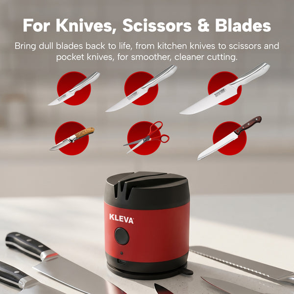 A KLEVA® ElectraSharp electric knife sharpener by Kleva Range sits on the counter with knives nearby. Above, red circles show knives and scissors, highlighting how quickly it sharpens blades.