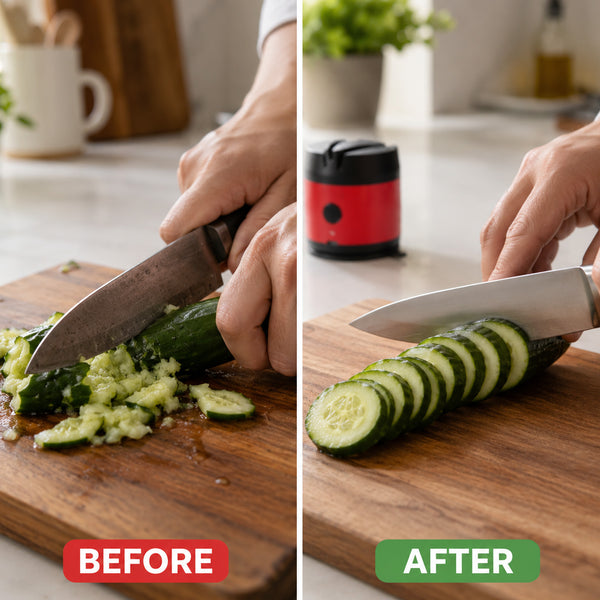 Split image: LEFT—A dull knife struggles with a cucumber, making uneven pieces (BEFORE). RIGHT—After using the KLEVA® ElectraSharp by Kleva Range, the same knife creates perfect slices in seconds (AFTER).