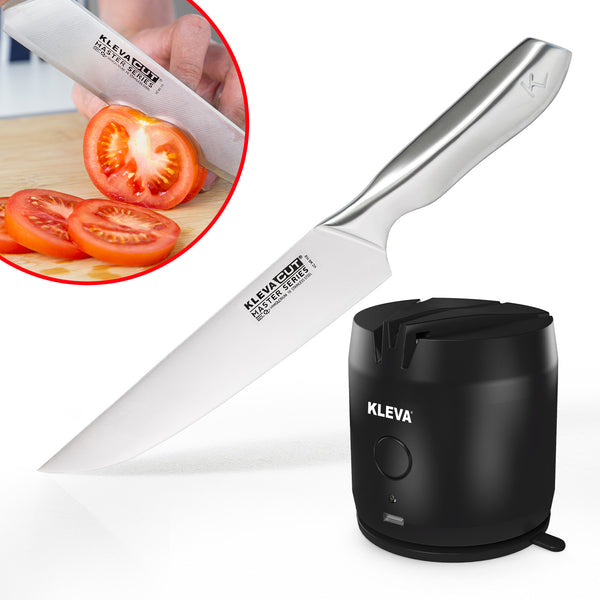 A stainless steel kitchen knife slices a tomato on a cutting board. Next to it is the Kleva Range KLEVA® ElectraSharp Knife Sharpener, featuring a convenient button and sharpening slot—perfect for restoring dull knives and scissors to razor-sharp results in seconds!.