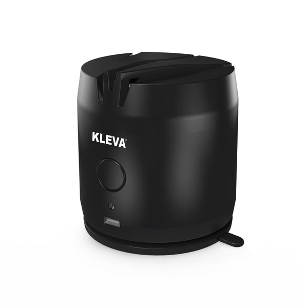 A black, cylindrical KLEVA® ElectraSharp Knife Sharpener from Kleva Range, with its brand name printed on the side, features a top blade slot and a front button—engineered to restore dull knives and scissors to razor-sharp results in seconds.