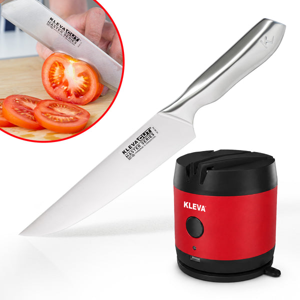 A KLEVA® ElectraSharp Knife Sharpener by Kleva Range is displayed alongside a stainless steel chef’s knife, demonstrating how effortlessly it restores dull knives and scissors to razor-sharp results in seconds. The inset image shows the knife smoothly slicing tomatoes on a wooden cutting board.