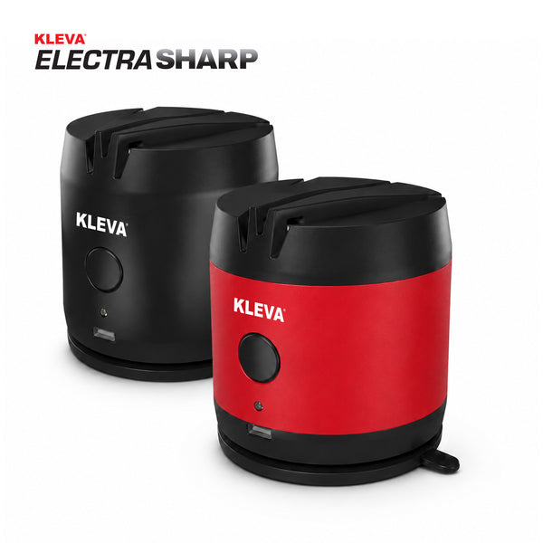 Two KLEVA® ElectraSharp electric knife sharpeners—one black, one red with black accents—stand side by side on a plain white background. Each displays the Kleva Range logo and a button below it. Sharpens knives in seconds!.