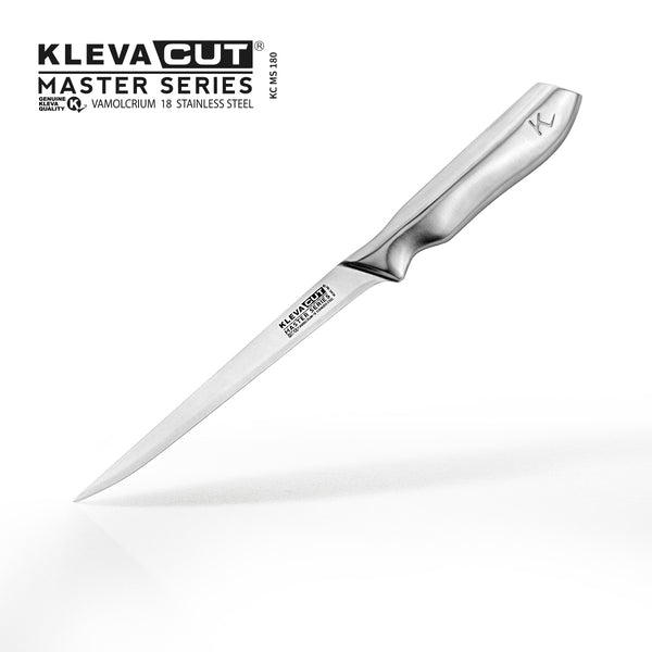 The KlevaCut® Master Series Professional Fillet Knife - 21cm by Kleva Range, made from Japanese stainless steel with a pointed, flexible blade and ergonomic handle, is shown on a white background with branding in the top left corner.