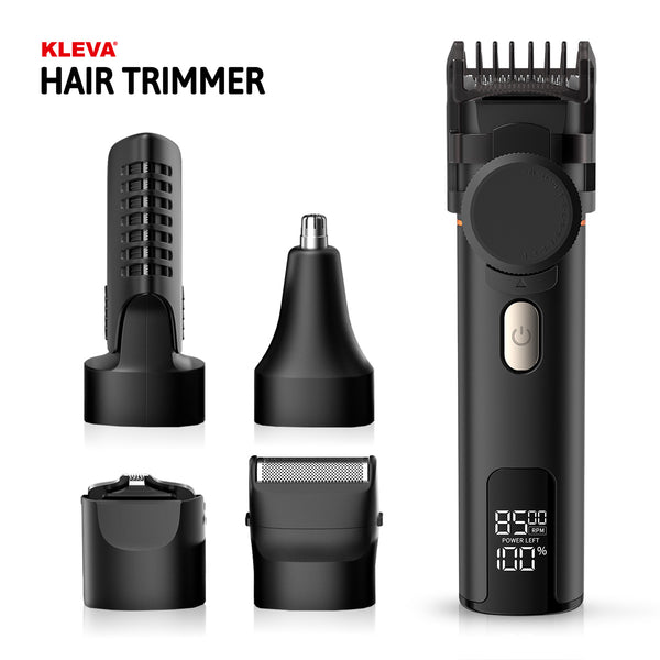 Hair and beard trimmer with five attachments for men’s grooming and body hair trimming.
