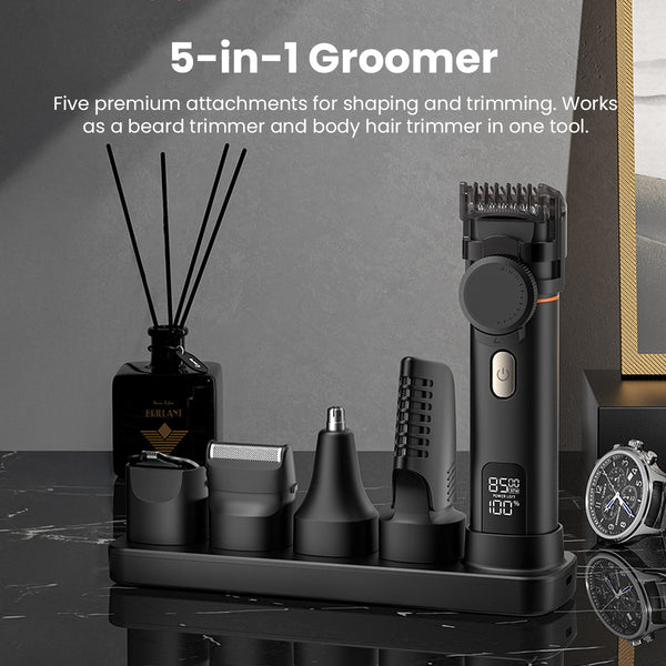5 in 1 beard and body trimmer set with attachments on a charging dock.