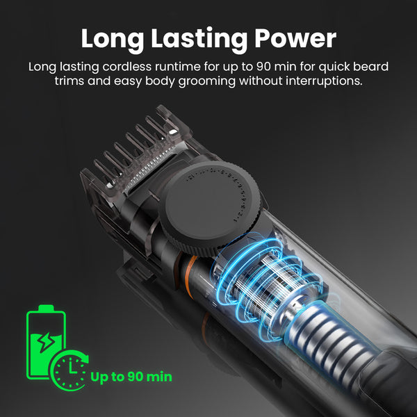 Cordless beard trimmer with long lasting 90 minute battery for body grooming.