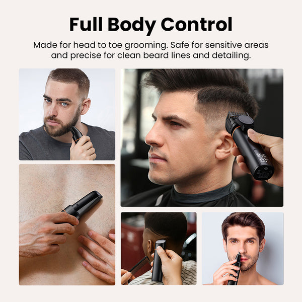 Men using a beard trimmer and body hair trimmer for full body grooming.