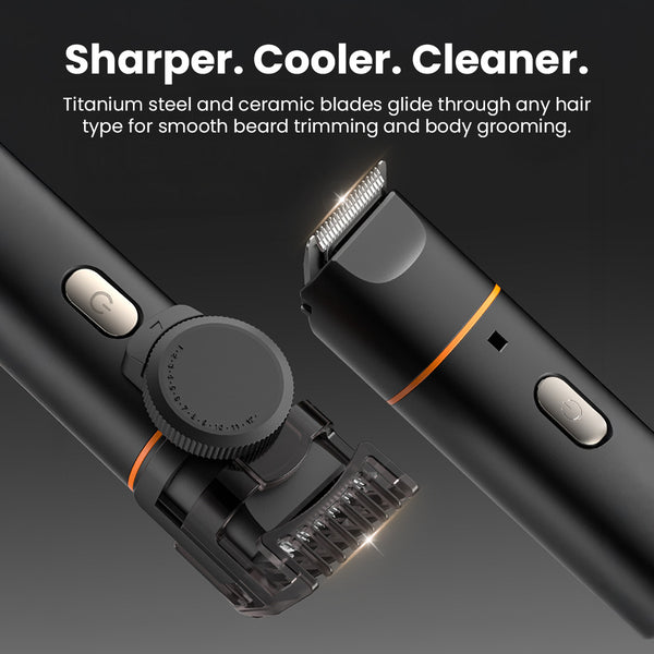 Titanium and ceramic blade beard trimmer for smooth beard and body trimming.