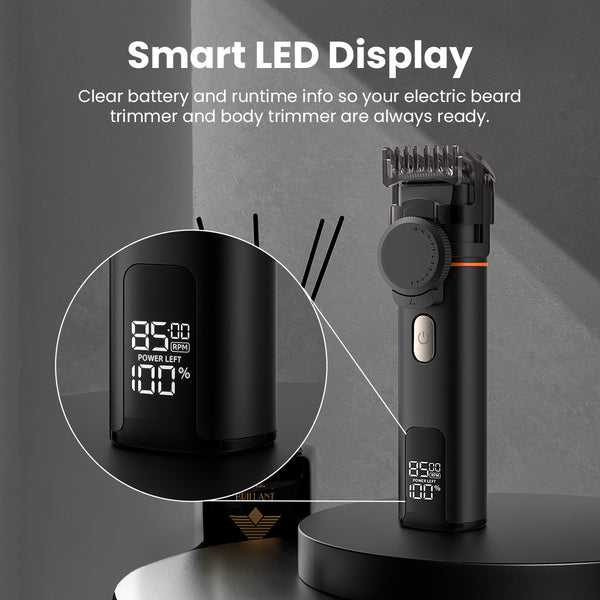 Electric beard trimmer with LED display for battery and speed settings.