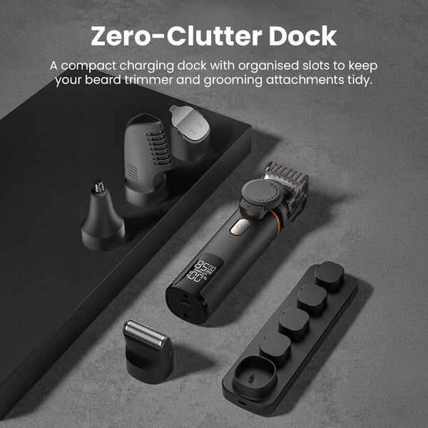 Beard and body trimmer dock with organised grooming attachments.