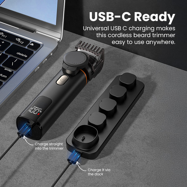 USB C rechargeable beard trimmer showing direct and dock charging options.
