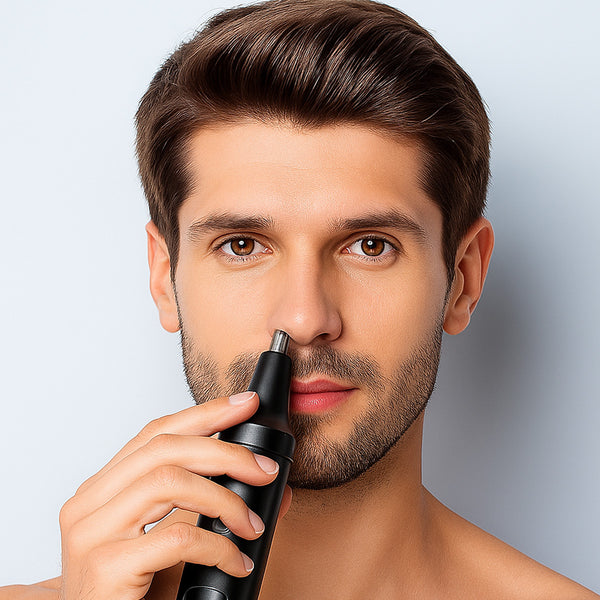 A man with brown hair and a trimmed beard uses the KLEVA® 5-in-1 Professional Hair Trimmer + Men’s Body & Beard Groomer from Kleva Range, holding it to his nostril against a plain light background.