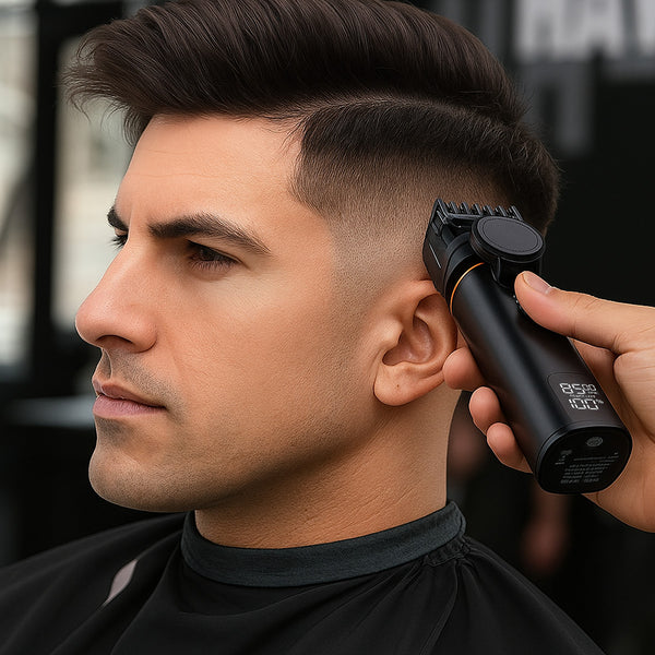 A person with short dark hair, wearing a black barber cape, is having the sides of their head trimmed at a barbershop using the KLEVA® 5-in-1 Professional Hair Trimmer + Men’s Body & Beard Groomer from Kleva Range.