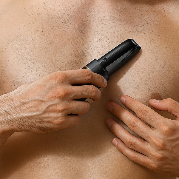 A man uses the KLEVA® 5-in-1 Professional Hair Trimmer + Men’s Body & Beard Groomer from Kleva Range for a precise, convenient haircut.