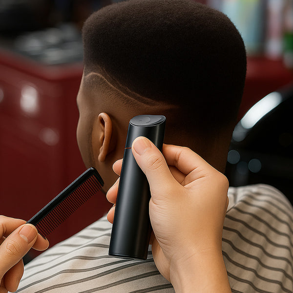 A barber uses the Kleva Range KLEVA® 5-in-1 Professional Hair Trimmer + Men’s Body & Beard Groomer to trim a client’s hair, who is wearing a striped cape in the barbershop.