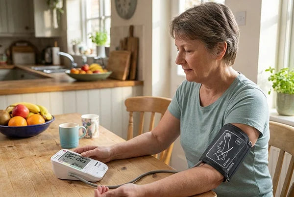 Woman using a digital blood pressure monitor at a kitchen table for accurate home blood pressure readings.