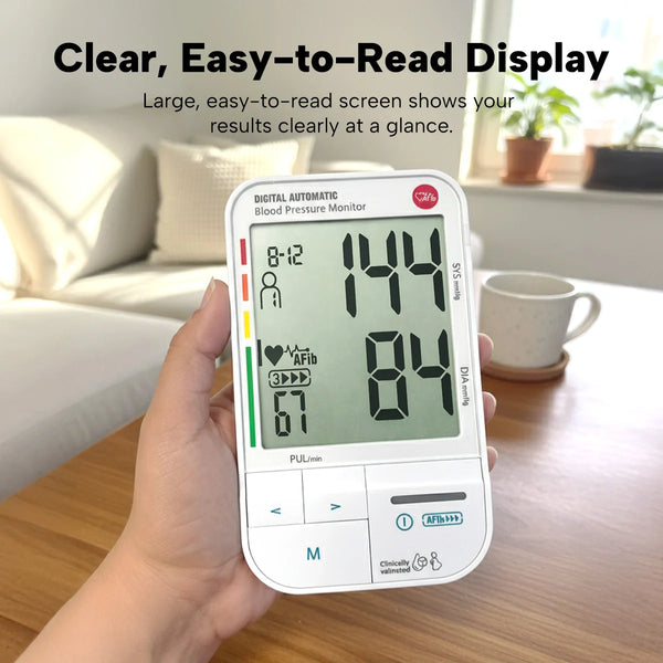 Large easy-to-read digital blood pressure monitor display showing systolic and diastolic readings