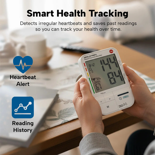 Smart blood pressure monitor with heartbeat detection and reading history for long-term health tracking