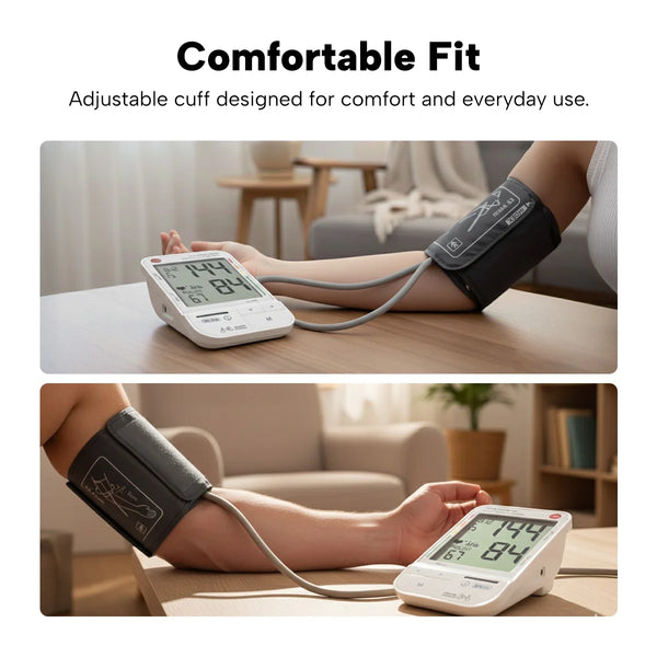 Comfortable adjustable arm cuff blood pressure monitor designed for accurate home health monitoring