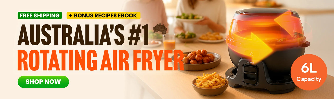 Advertisement for Australia's #1 rotating air fryer with text and product image.