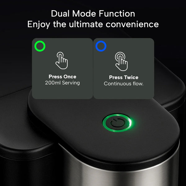 Instant hot water dispenser with dual mode function showing 200ml single serve and continuous flow settings on one-touch control panel.