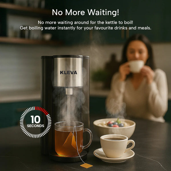 Kleva instant hot water dispenser delivering boiling water in 10 seconds for tea and coffee, compact benchtop water heater for kitchen use.