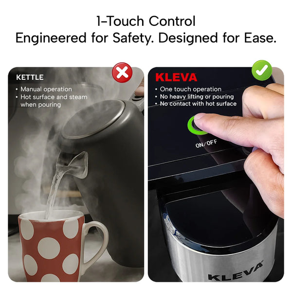 One touch instant hot water dispenser vs kettle comparison, safer hands-free boiling water system with no heavy lifting or hot surface contact.