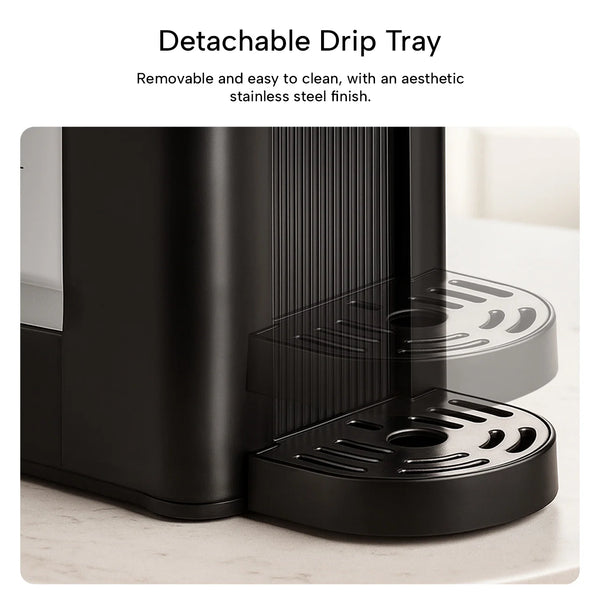 Instant hot water dispenser with removable stainless steel drip tray for easy cleaning and modern kitchen convenience.