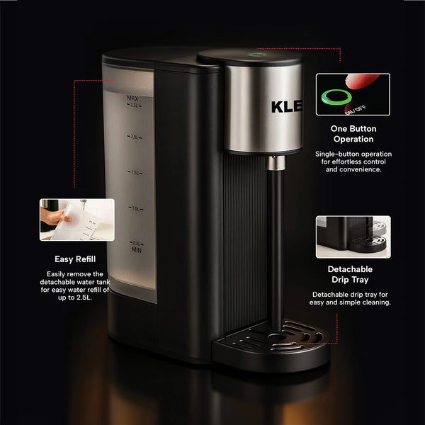 Kleva instant hot water machine with 2.5L detachable water tank, single button operation and removable drip tray for easy refill and cleaning.