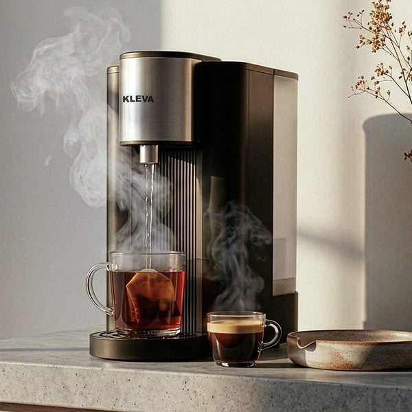 Kleva coffee machine with a glass of iced coffee and a cup of espresso on a countertop.