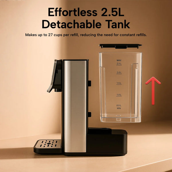 Kleva Instant Hot Water Dispenser Deluxe with 2.5L detachable water tank, large capacity refill system for up to 27 cups per fill.