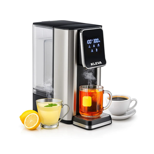 Kleva Instant Hot Water Dispenser Deluxe stainless steel unit dispensing hot tea, coffee and lemon water with smart digital temperature display.