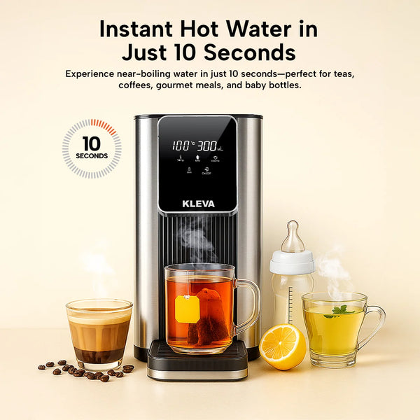 Kleva Instant Hot Water Dispenser Deluxe delivering near-boiling water in 10 seconds for tea, coffee and baby bottles.