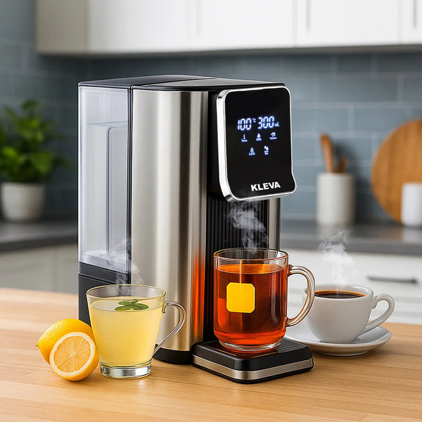 Kleva Instant Hot Water Dispenser Deluxe on kitchen benchtop dispensing hot tea with adjustable temperature and volume settings.