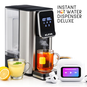 Kleva instant hot water dispenser with a mug of tea, glass of lemonade, and white electronic device on a white background.