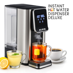 Kleva instant hot water dispenser with cups of tea and lemon on a white background